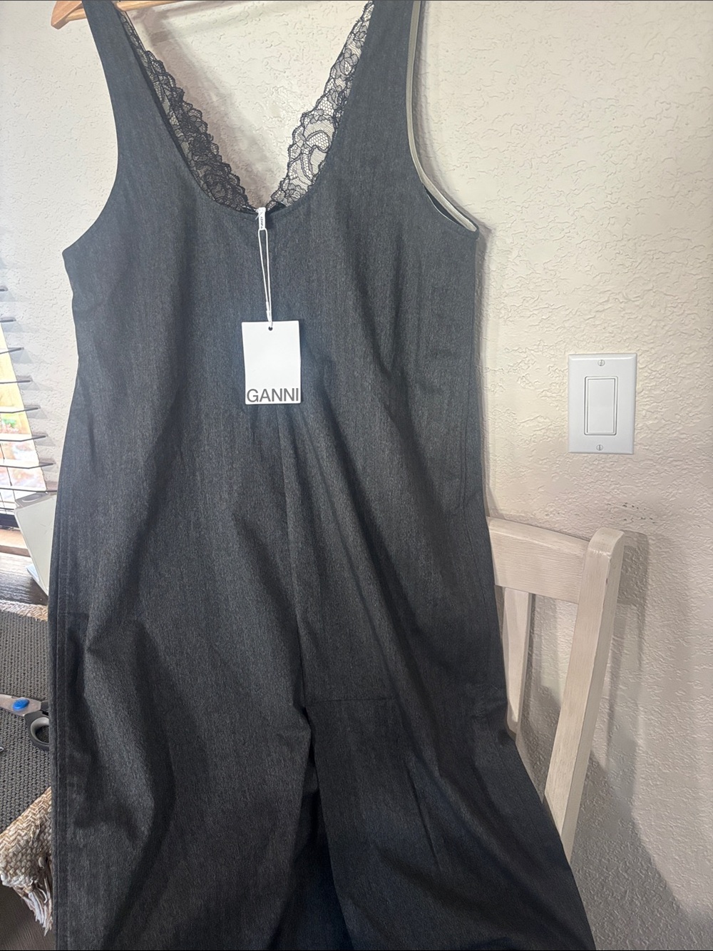 Ganni Black Lace-Trim Sleeveless Jumpsuit
